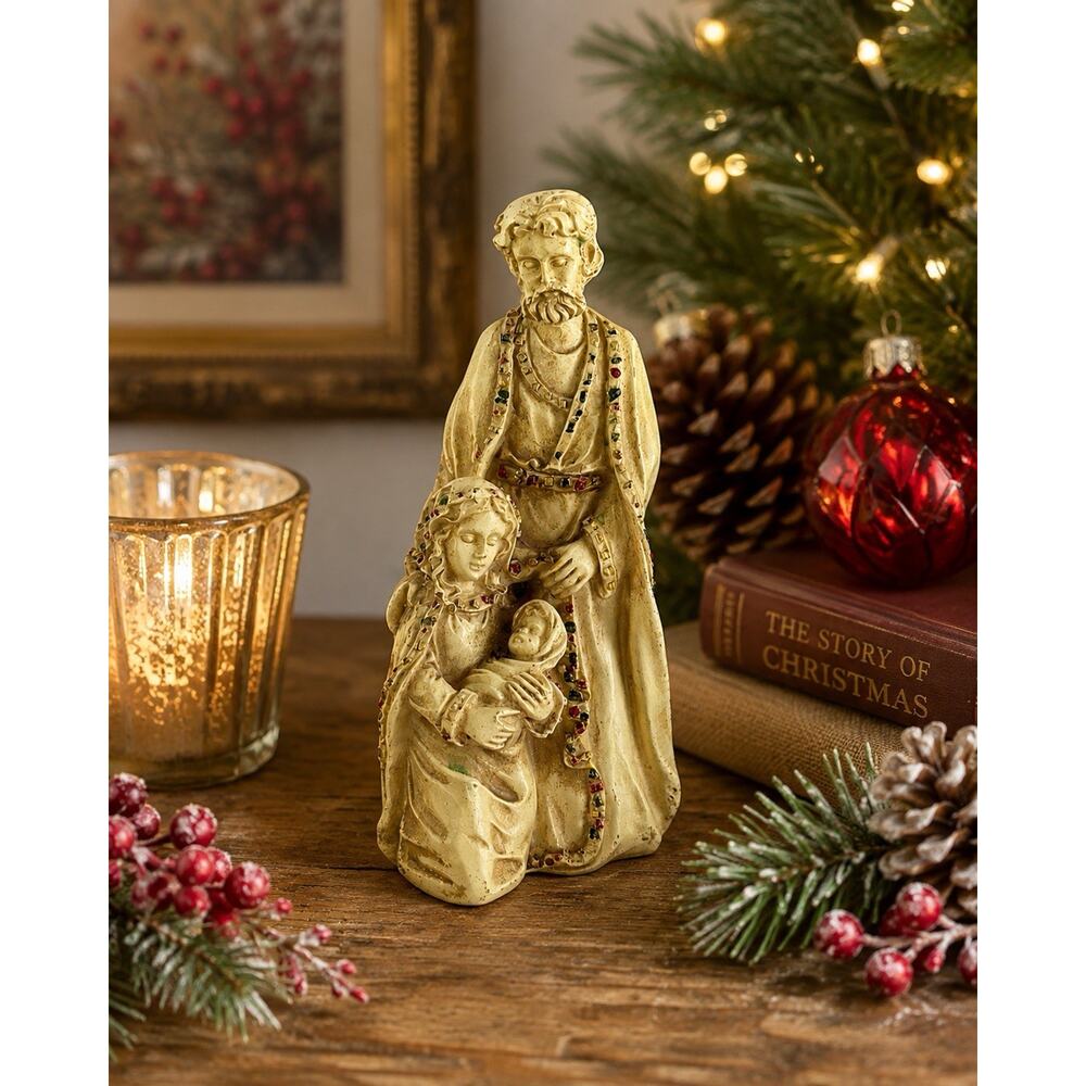 Vintage Holy Family Figurine Mary Joseph Baby Jesus Jeweled Look 5” - Picture 2 of 8